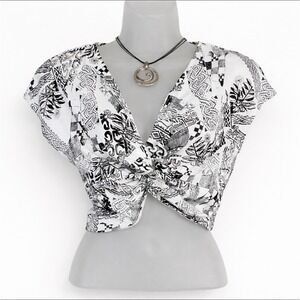 Vtg Rave Women Crop Top M Black White Tribal Twist Front Cotton Festival 90s Y2k